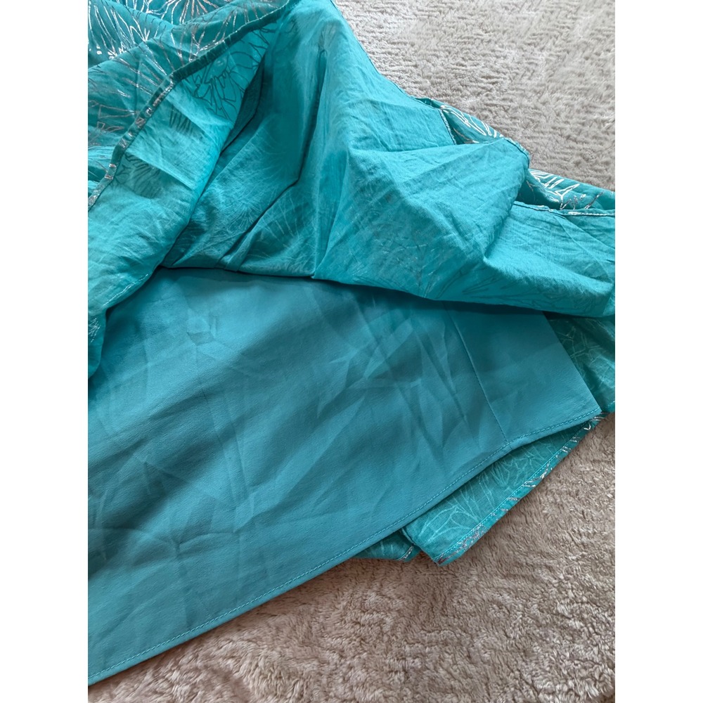 Michael Kors Turquoise Metallic Silver Palm Cold Shoulder Smocked Dress 2X - Picture 4 of 10